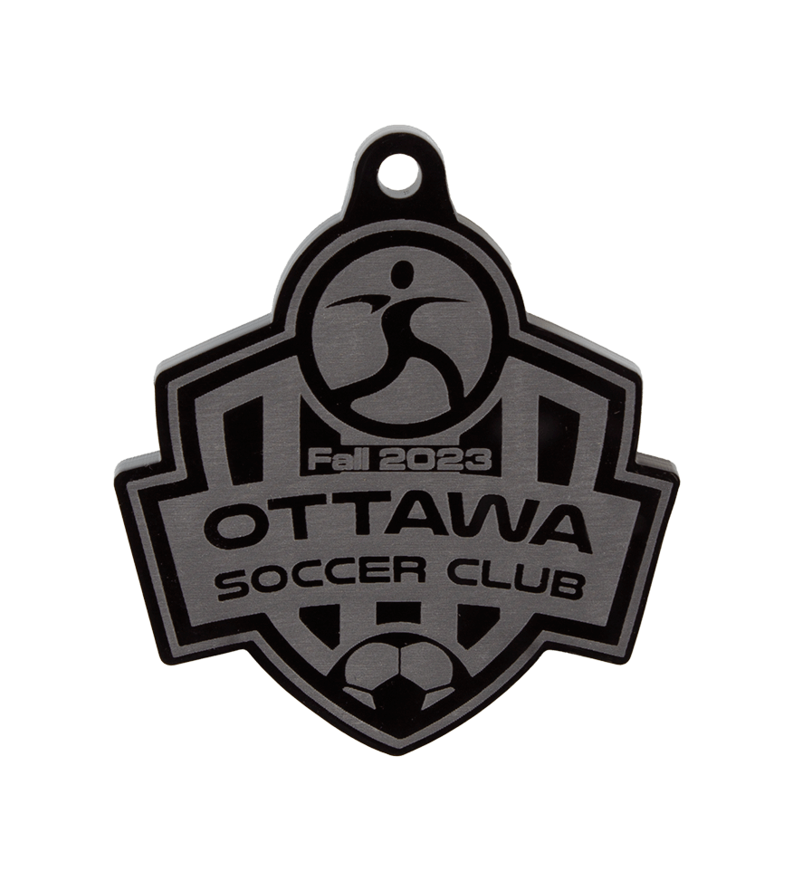 Ottawa Soccer Club Fall 2023 custom shaped acrylic soccer medal.
