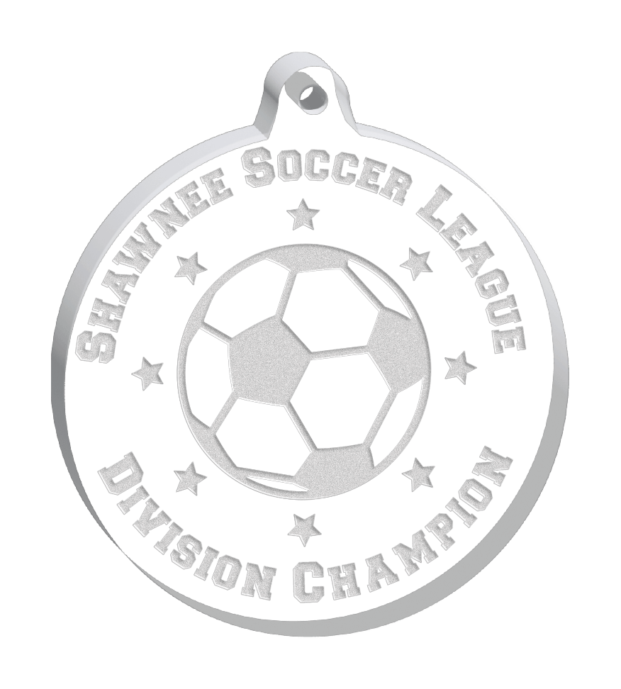 Shawnee Soccer League round acrylic soccer medal.