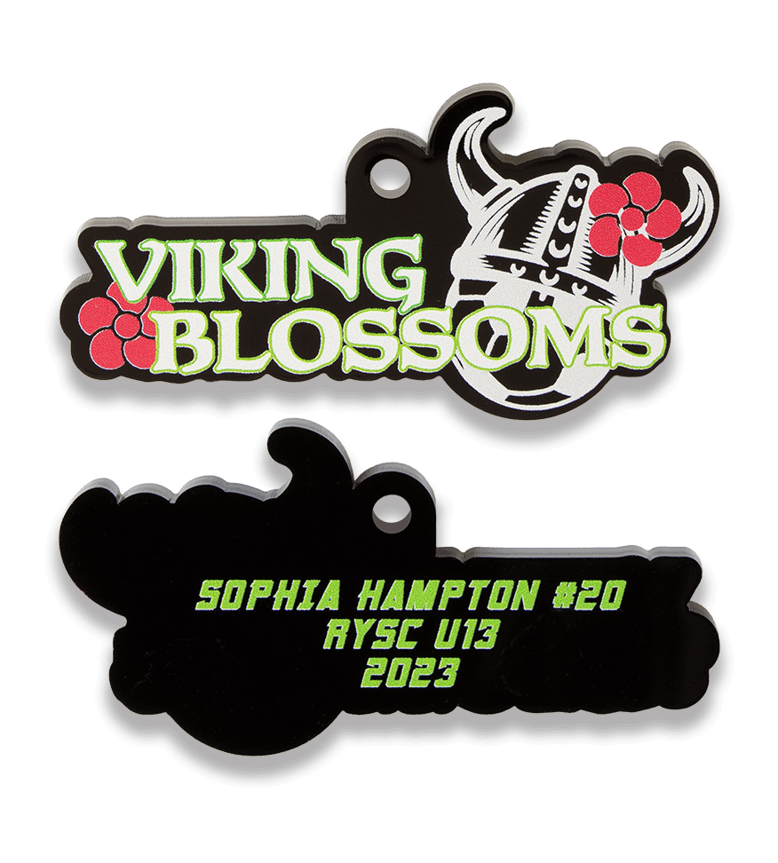 Viking Blossoms 2023 RYSC custom shaped acrylic soccer medal.