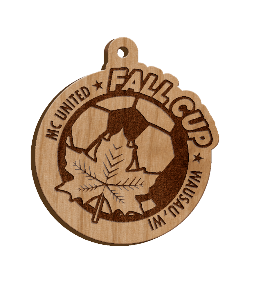 MC United Fall Cup - Custom shaped, round wooden medal.