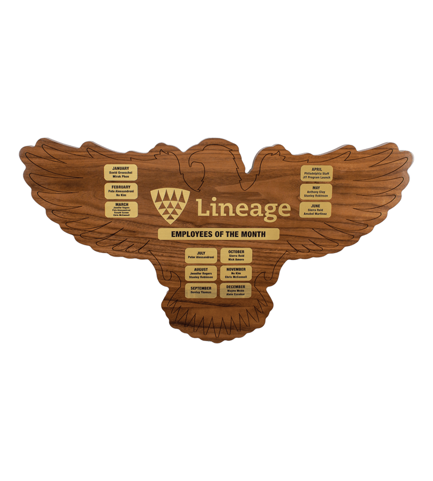 Image of a Custom Shaped Plaque in the shape of Michigan. Made from walnut with custom cut gold flexibrass plate and UV color printing. . | Maxwell Medals