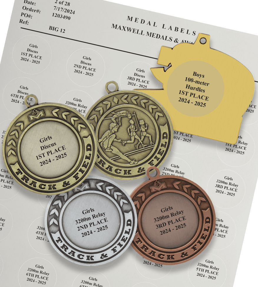 Image of medal labels. | Maxwell Medals & Awards