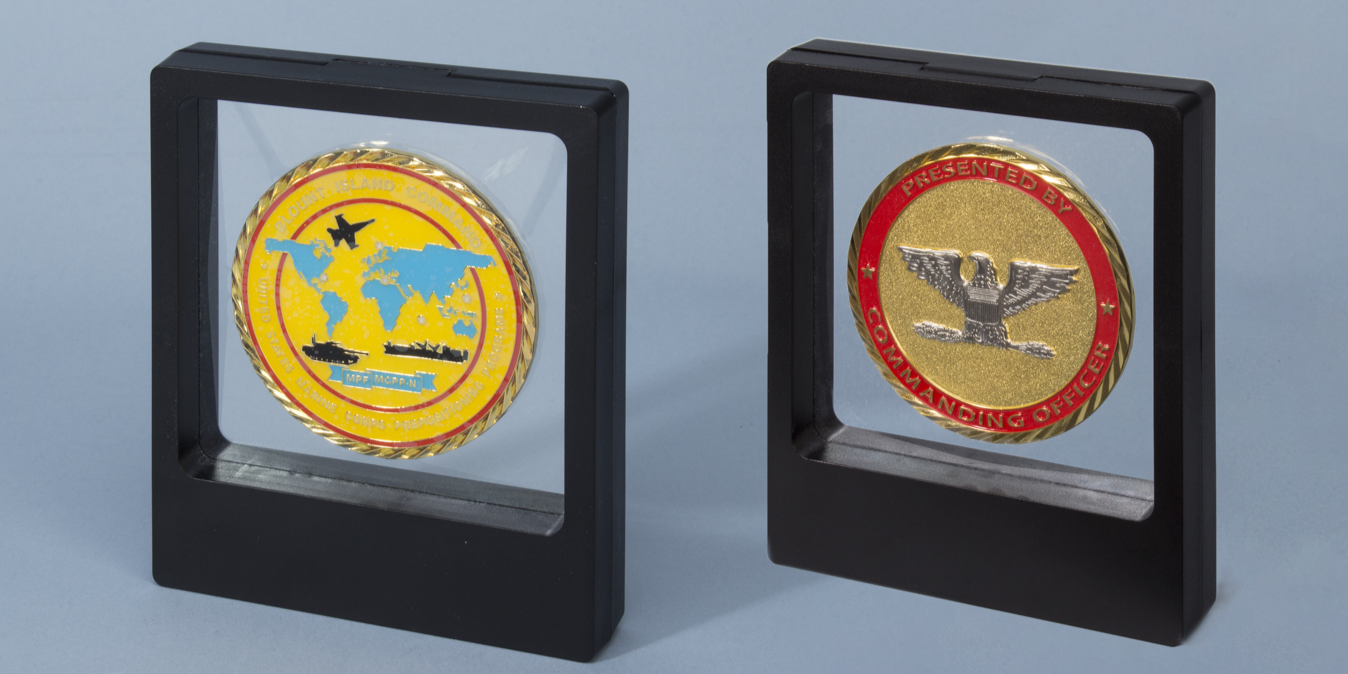 custom challenge coins encased in display, military challenge coin